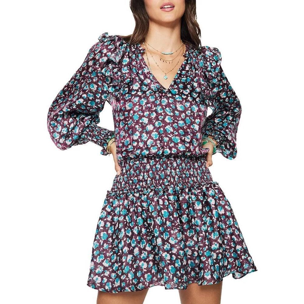 Ramy Brook Penelope Floral Ruffled Smocked Mini Dress Navy Blue Size Small